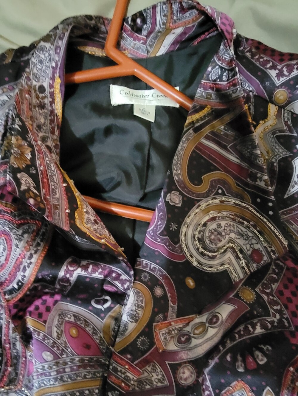 Coldwater Creek Black Satin Paisley Shirt JACKET with Purple & Gold Accents